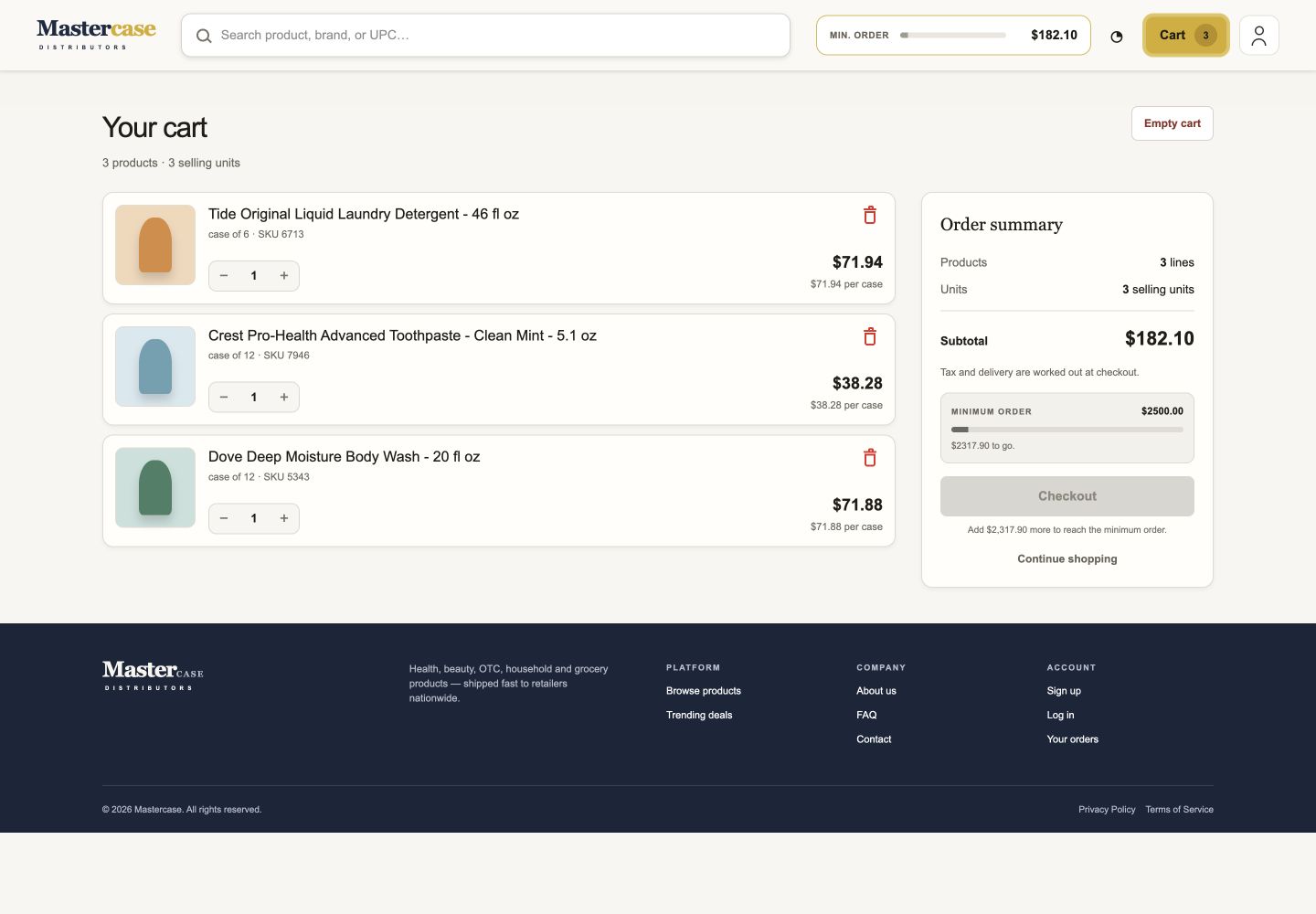 Review cases, quantities, and order total., desktop interface