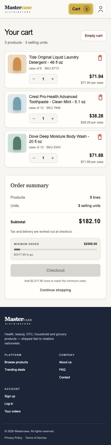 Review cases, quantities, and order total., mobile interface