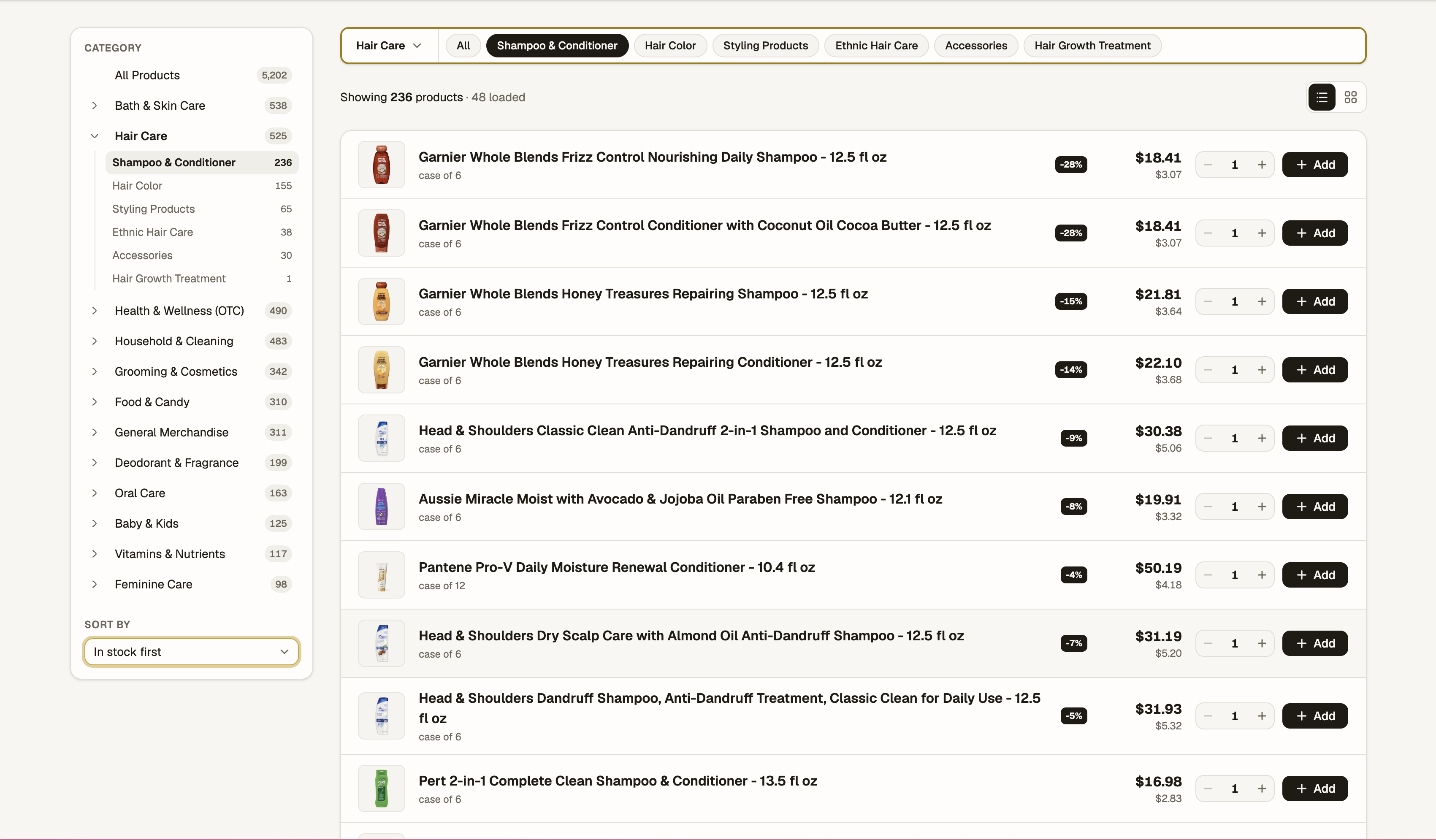 Live Hair Care catalog with Shampoo and Conditioner selected in the side menu and subcategory control row
