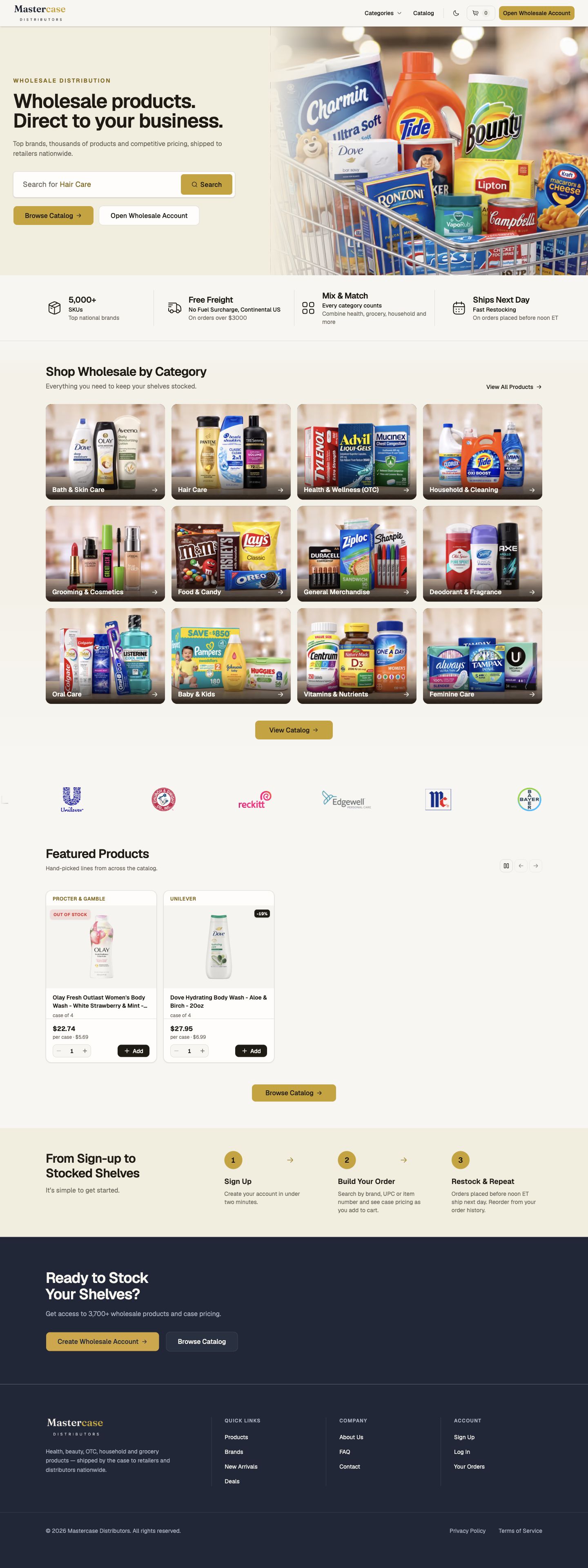 Mastercase live homepage with search, a stocked shopping cart, category browsing, and account creation