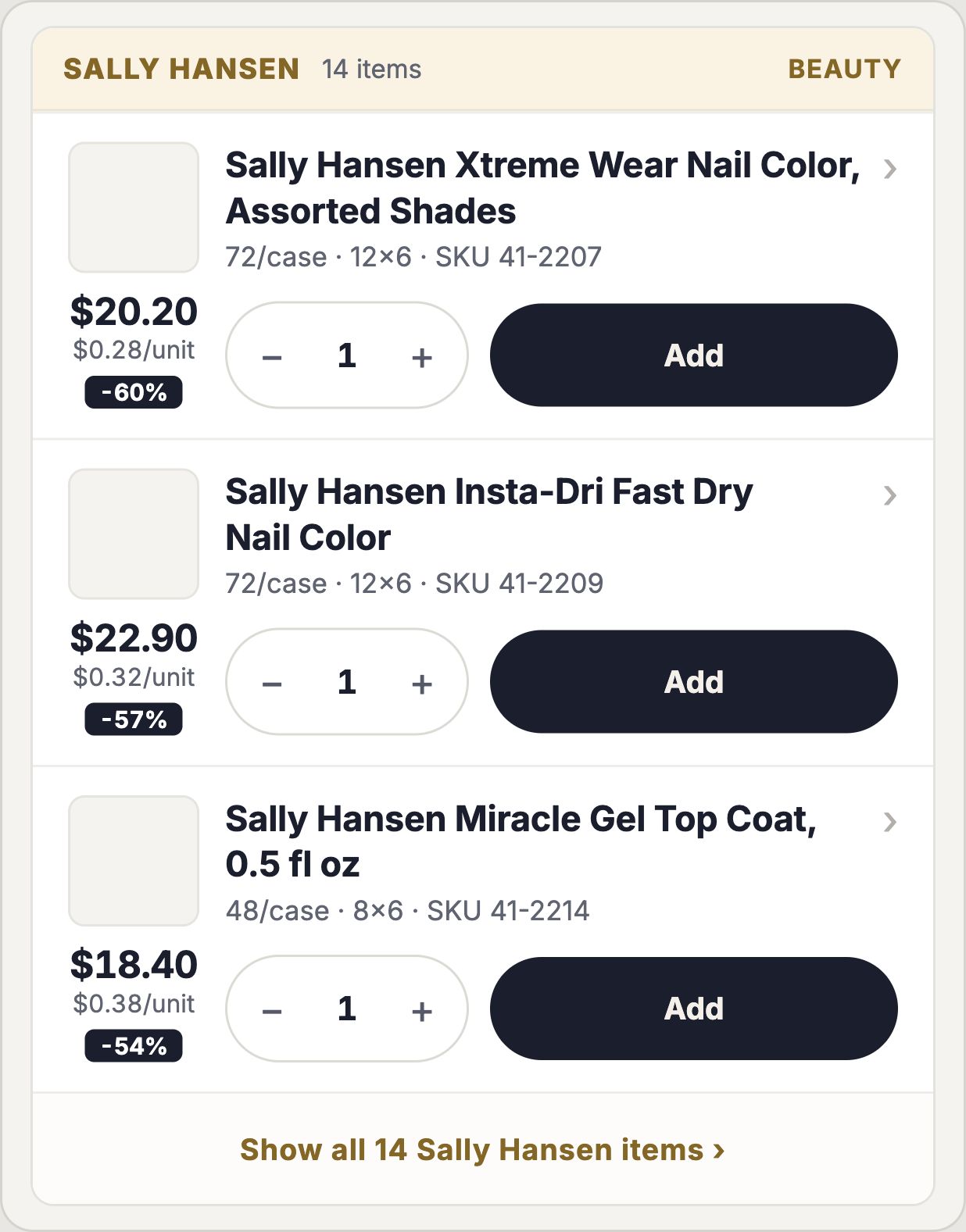 Three Sally Hansen products, each with a quantity selector and Add button in the list