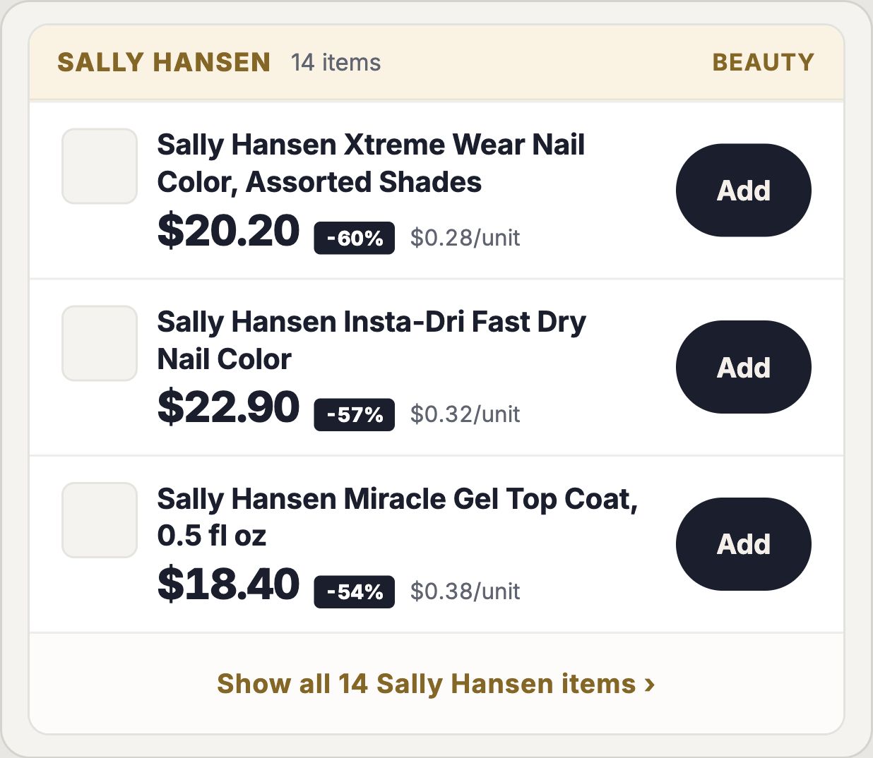 The same three Sally Hansen products in compact rows, with one Add button per product