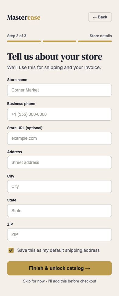 Complete original store-details form with back navigation and checkout deferral